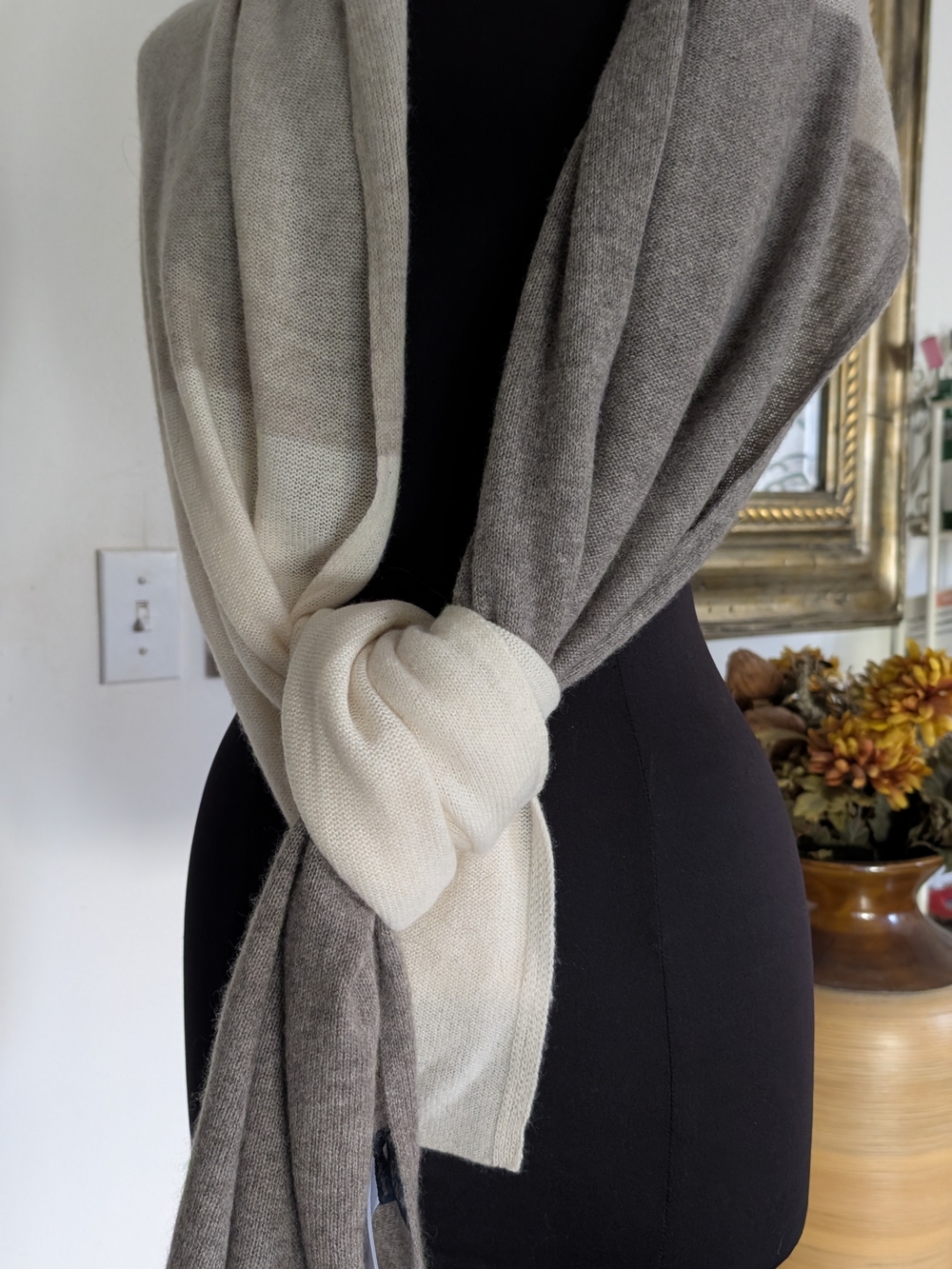 RACHEL Rachel Roy 100%Cashmere Cream Beige and Taupe Knit Wrap Shawl 89"X26"
